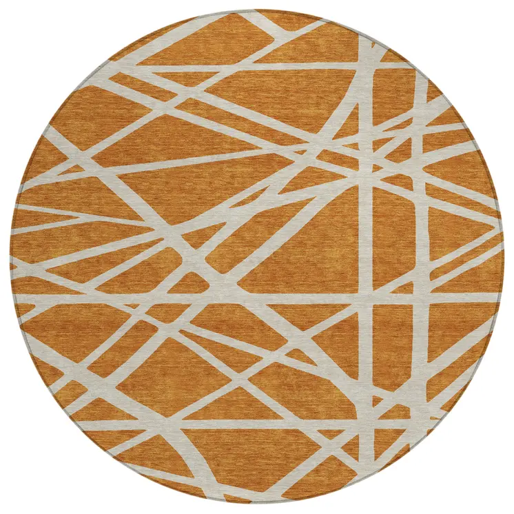 8' Copper And Beige Round Geometric Washable Indoor Outdoor Area Rug