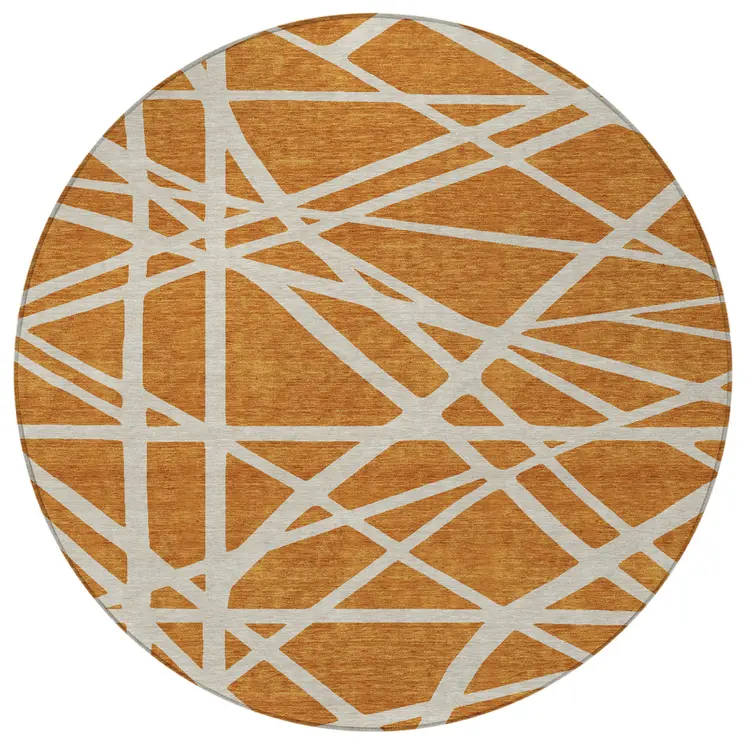 8' Copper And Beige Round Geometric Washable Indoor Outdoor Area Rug