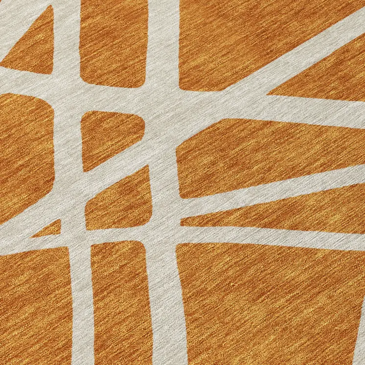8' Copper And Beige Round Geometric Washable Indoor Outdoor Area Rug