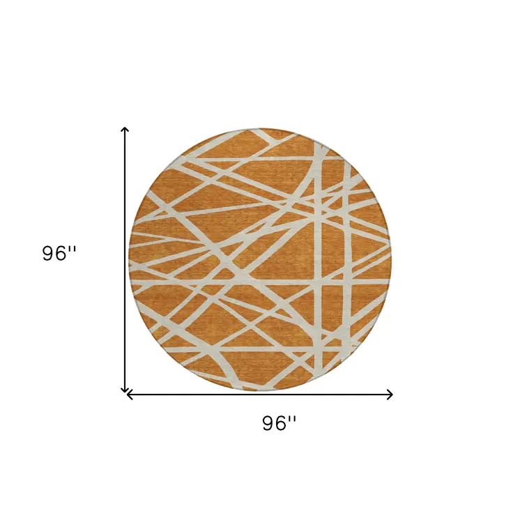 8' Copper And Beige Round Geometric Washable Indoor Outdoor Area Rug