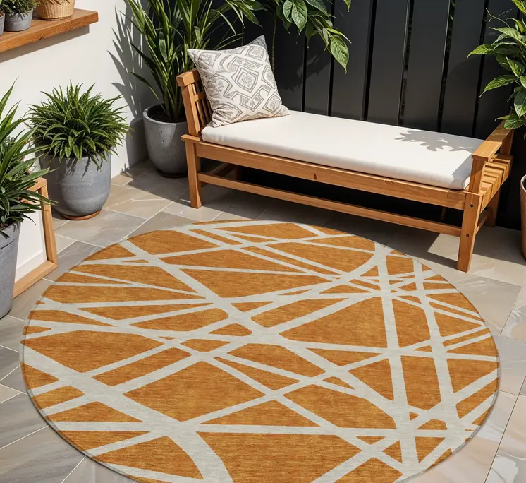 8' Copper And Beige Round Geometric Washable Indoor Outdoor Area Rug