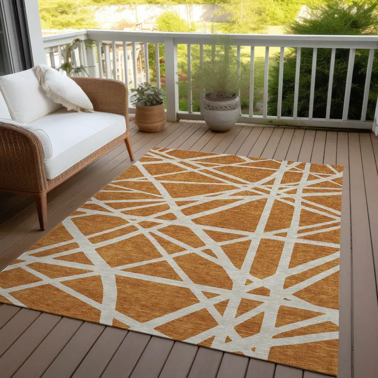 8' X 10' Copper And Beige Geometric Washable Indoor Outdoor Area Rug