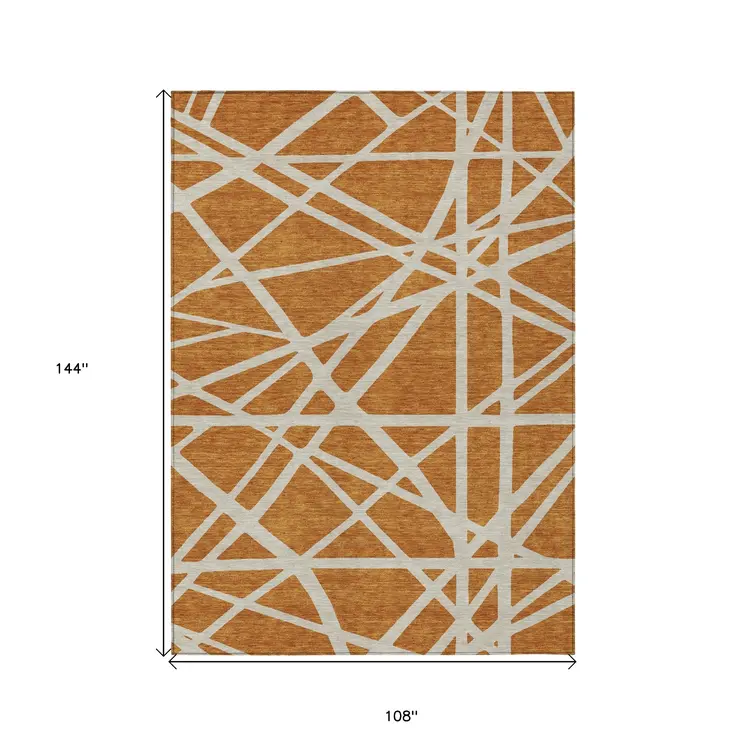 9' X 12' Copper And Beige Geometric Washable Indoor Outdoor Area Rug