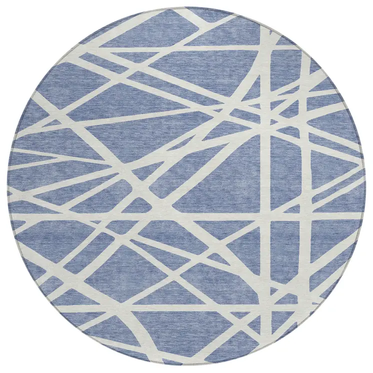 8' Denim Blue And Ivory Round Geometric Washable Indoor Outdoor Area Rug