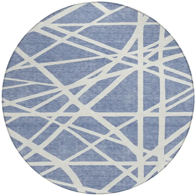 8' Denim Blue And Ivory Round Geometric Washable Indoor Outdoor Area Rug