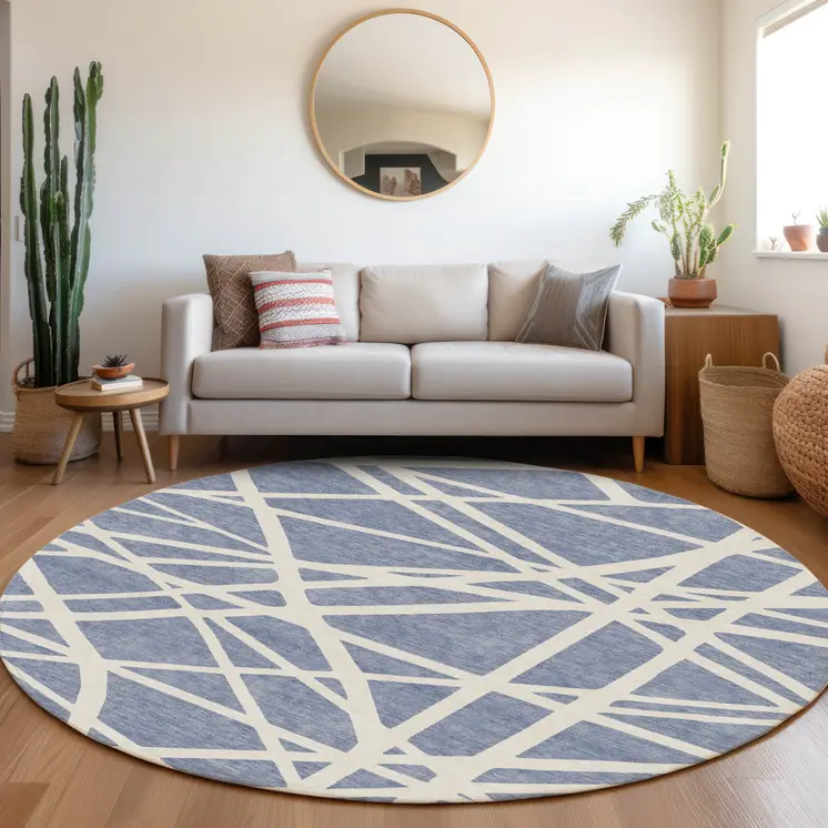 8' Denim Blue And Ivory Round Geometric Washable Indoor Outdoor Area Rug