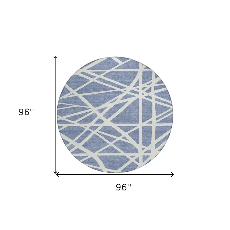8' Denim Blue And Ivory Round Geometric Washable Indoor Outdoor Area Rug