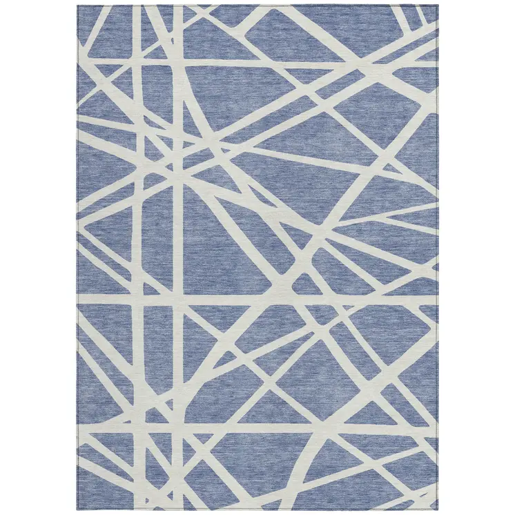 9' X 12' Denim Blue And Ivory Geometric Washable Indoor Outdoor Area Rug