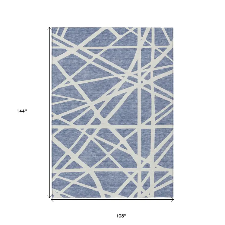 9' X 12' Denim Blue And Ivory Geometric Washable Indoor Outdoor Area Rug