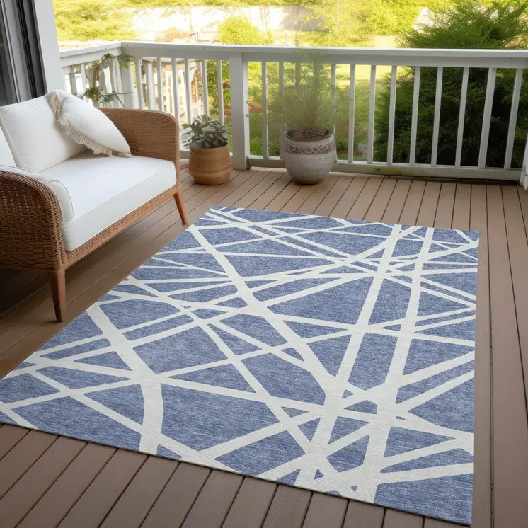 9' X 12' Denim Blue And Ivory Geometric Washable Indoor Outdoor Area Rug