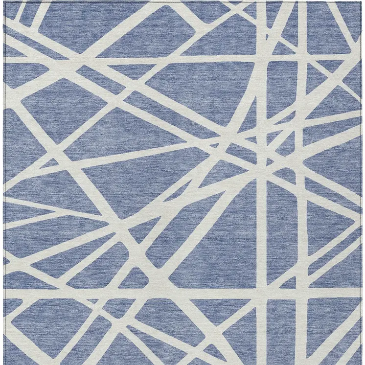 10' X 14' Denim Blue And Ivory Geometric Washable Indoor Outdoor Area Rug