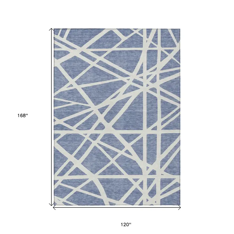 10' X 14' Denim Blue And Ivory Geometric Washable Indoor Outdoor Area Rug