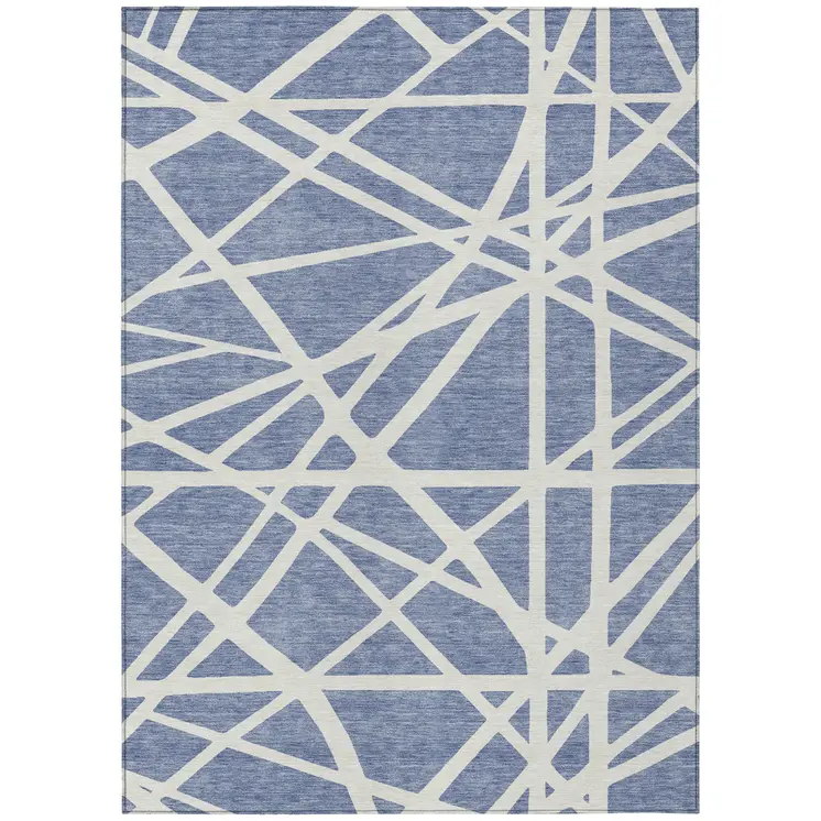 10' X 14' Denim Blue And Ivory Geometric Washable Indoor Outdoor Area Rug