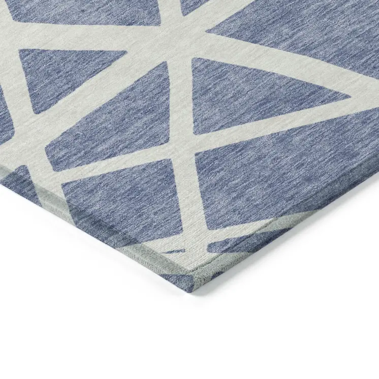 10' X 14' Denim Blue And Ivory Geometric Washable Indoor Outdoor Area Rug