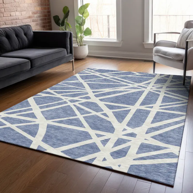 10' X 14' Denim Blue And Ivory Geometric Washable Indoor Outdoor Area Rug