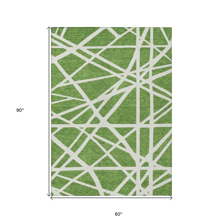 5' X 8' Green And Ivory Geometric Washable Indoor Outdoor Area Rug