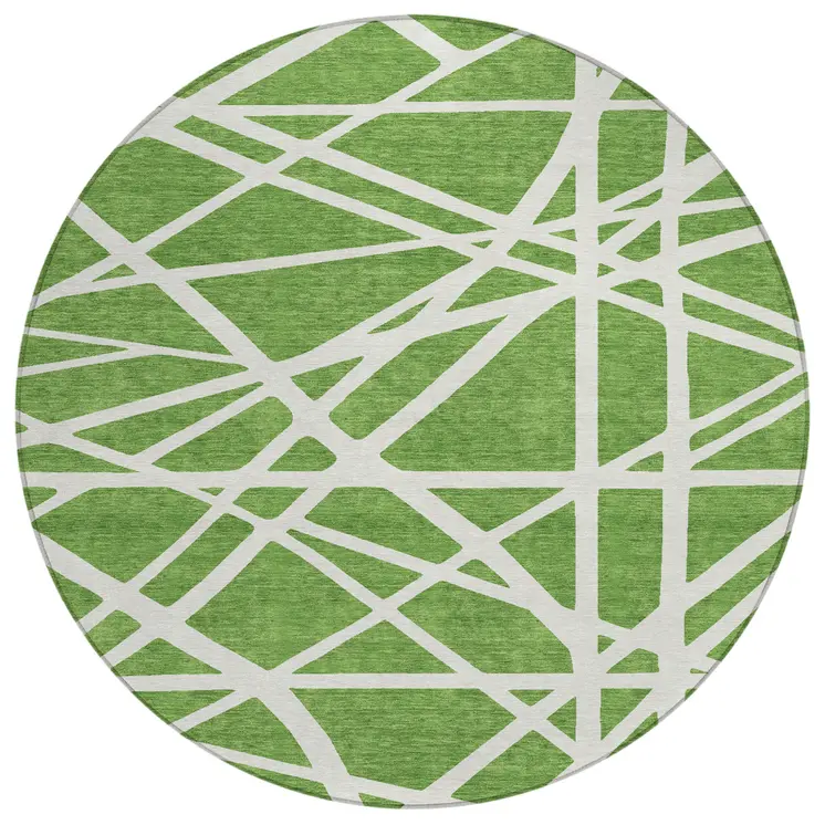 8' Green And Ivory Round Geometric Washable Indoor Outdoor Area Rug