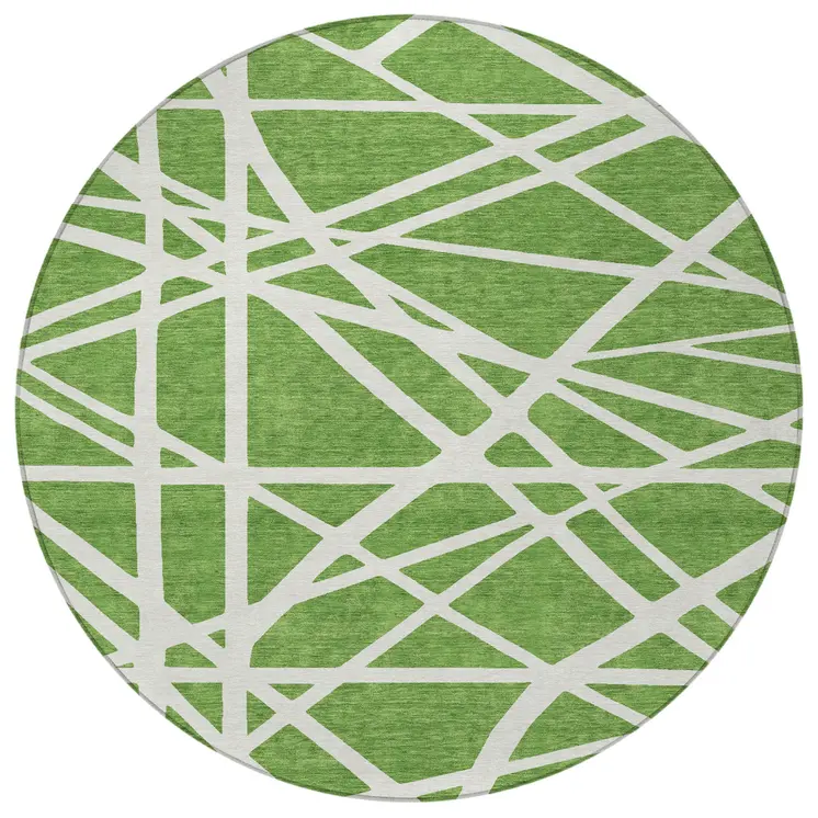 8' Green And Ivory Round Geometric Washable Indoor Outdoor Area Rug