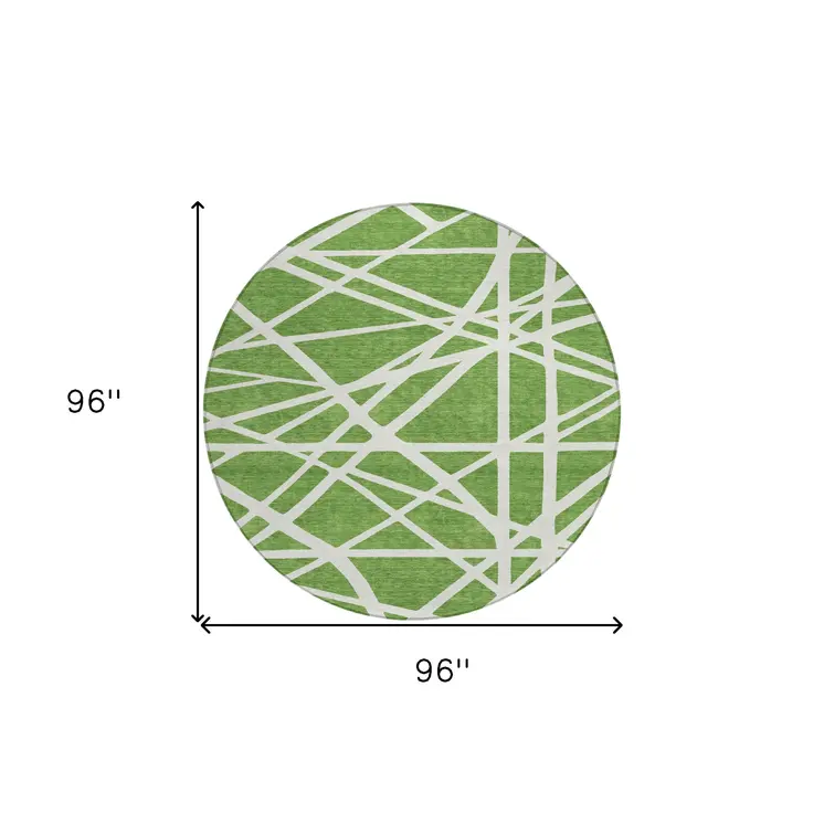 8' Green And Ivory Round Geometric Washable Indoor Outdoor Area Rug