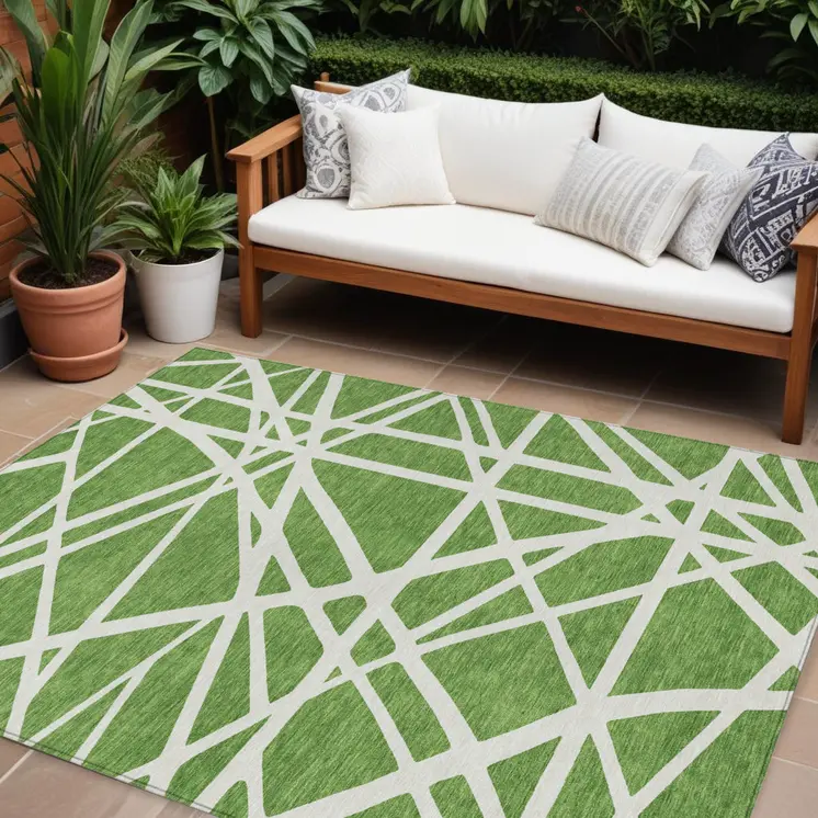 8' X 10' Green And Ivory Geometric Washable Indoor Outdoor Area Rug