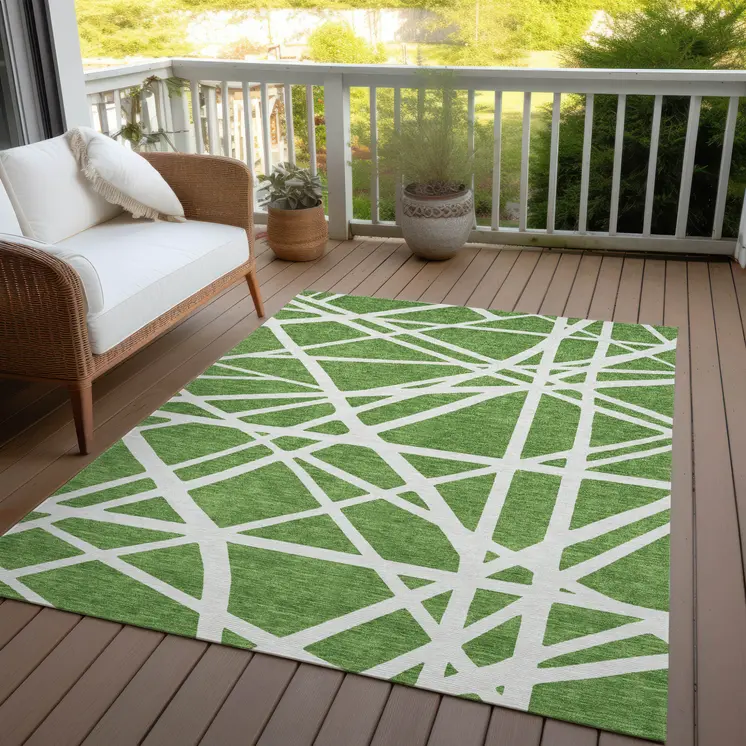 8' X 10' Green And Ivory Geometric Washable Indoor Outdoor Area Rug