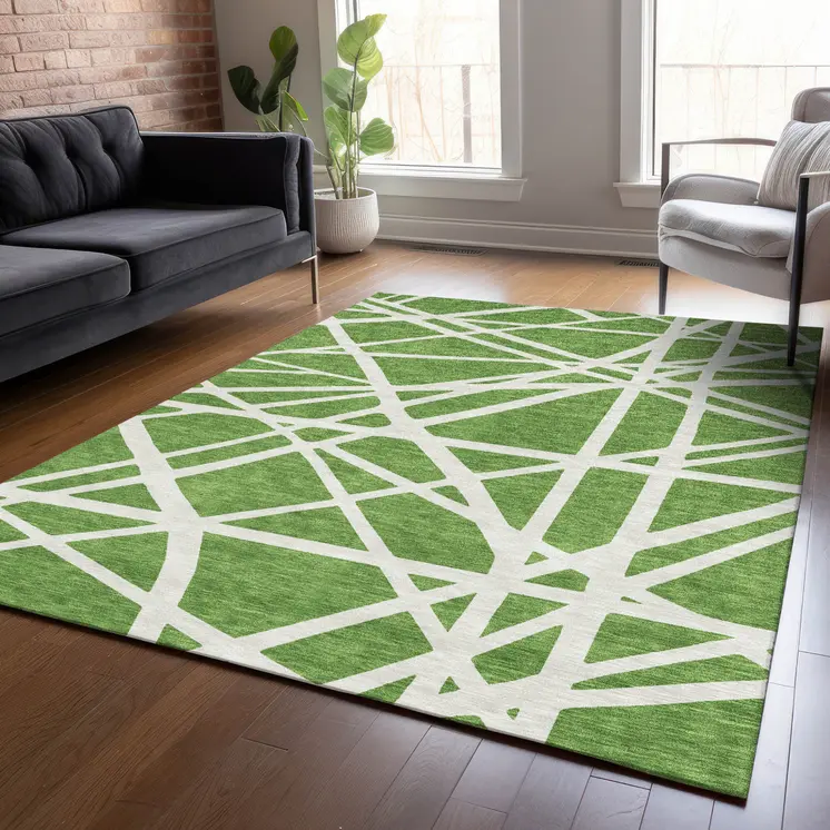 8' X 10' Green And Ivory Geometric Washable Indoor Outdoor Area Rug