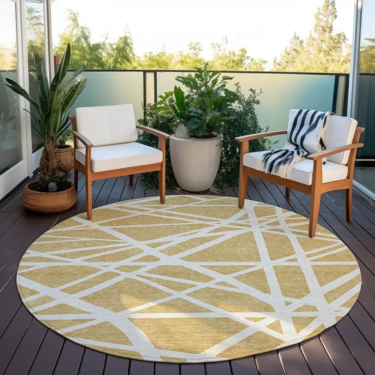 8' Gold And Ivory Round Geometric Washable Indoor Outdoor Area Rug