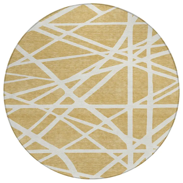 8' Gold And Ivory Round Geometric Washable Indoor Outdoor Area Rug