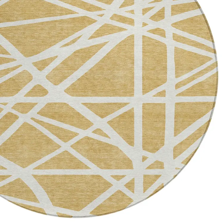 8' Gold And Ivory Round Geometric Washable Indoor Outdoor Area Rug