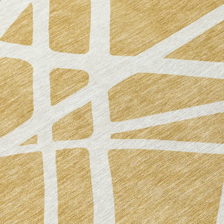 8' Gold And Ivory Round Geometric Washable Indoor Outdoor Area Rug