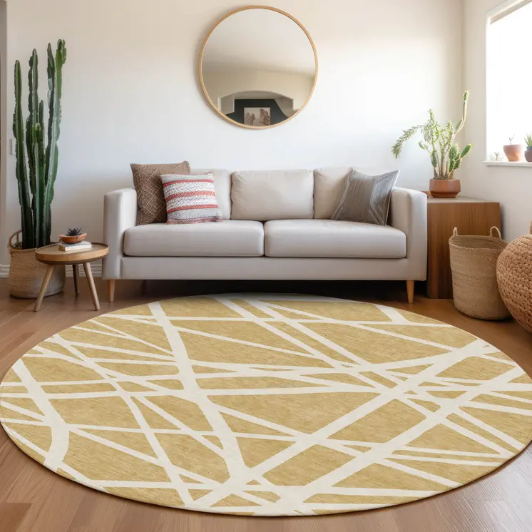 8' Gold And Ivory Round Geometric Washable Indoor Outdoor Area Rug