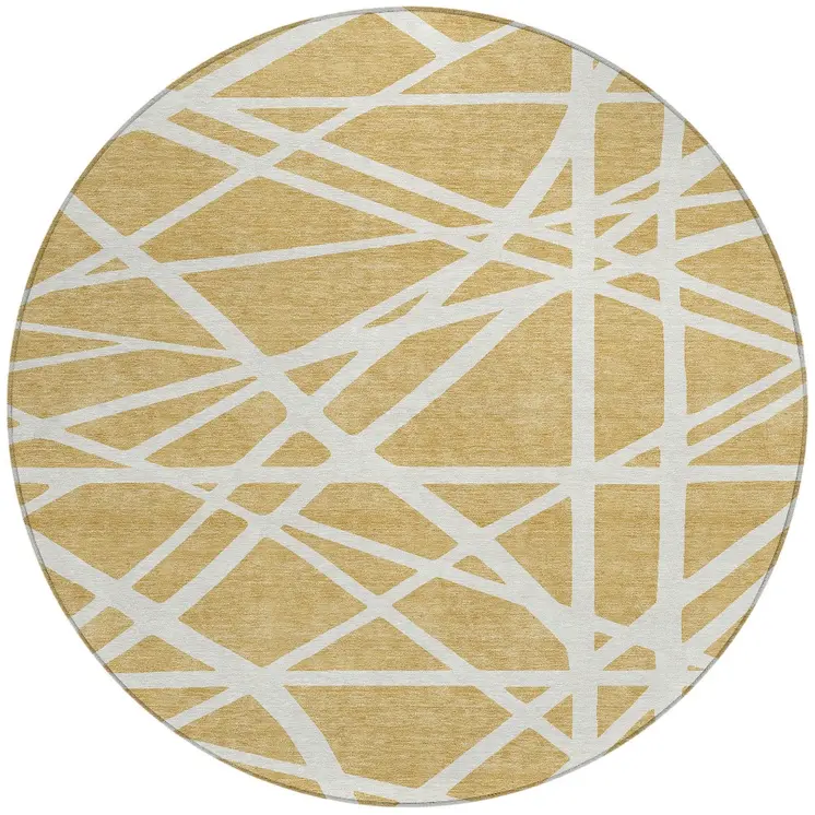 8' Gold And Ivory Round Geometric Washable Indoor Outdoor Area Rug