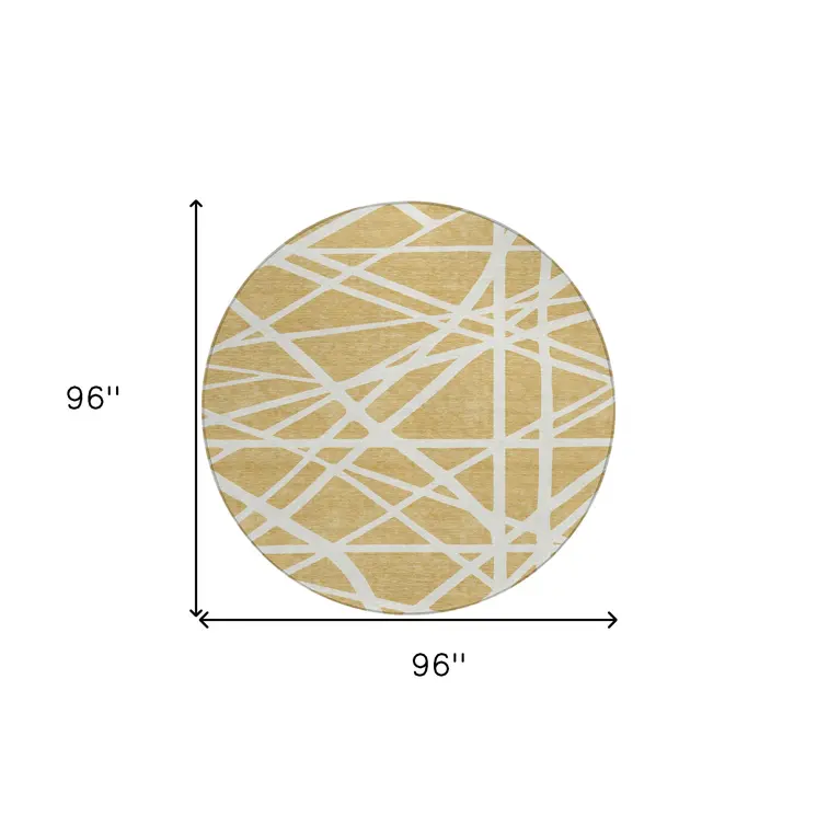 8' Gold And Ivory Round Geometric Washable Indoor Outdoor Area Rug