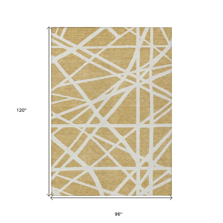8' X 10' Gold And Ivory Geometric Washable Indoor Outdoor Area Rug