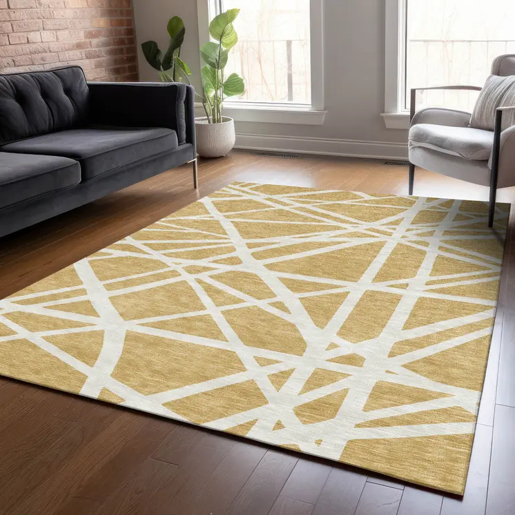 8' X 10' Gold And Ivory Geometric Washable Indoor Outdoor Area Rug