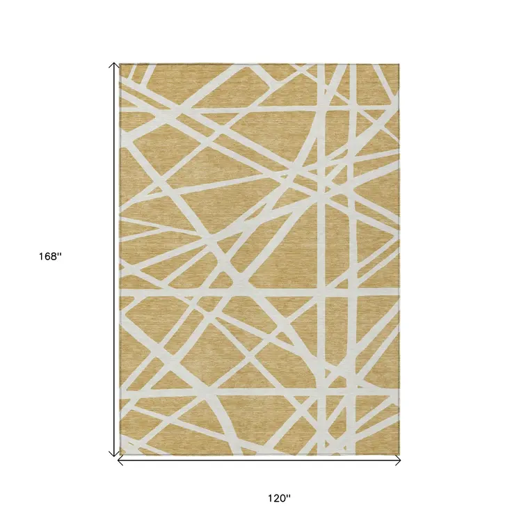 10' X 14' Gold And Ivory Geometric Washable Indoor Outdoor Area Rug