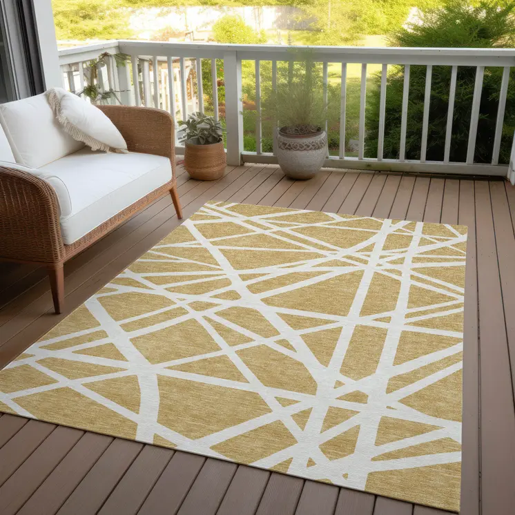10' X 14' Gold And Ivory Geometric Washable Indoor Outdoor Area Rug