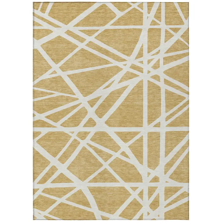 10' X 14' Gold And Ivory Geometric Washable Indoor Outdoor Area Rug
