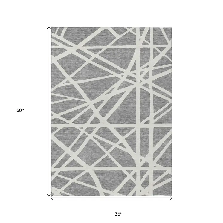 3' X 5' Gray And Ivory Geometric Washable Indoor Outdoor Area Rug