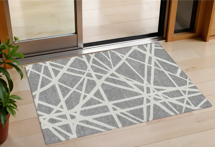 3' X 5' Gray And Ivory Geometric Washable Indoor Outdoor Area Rug