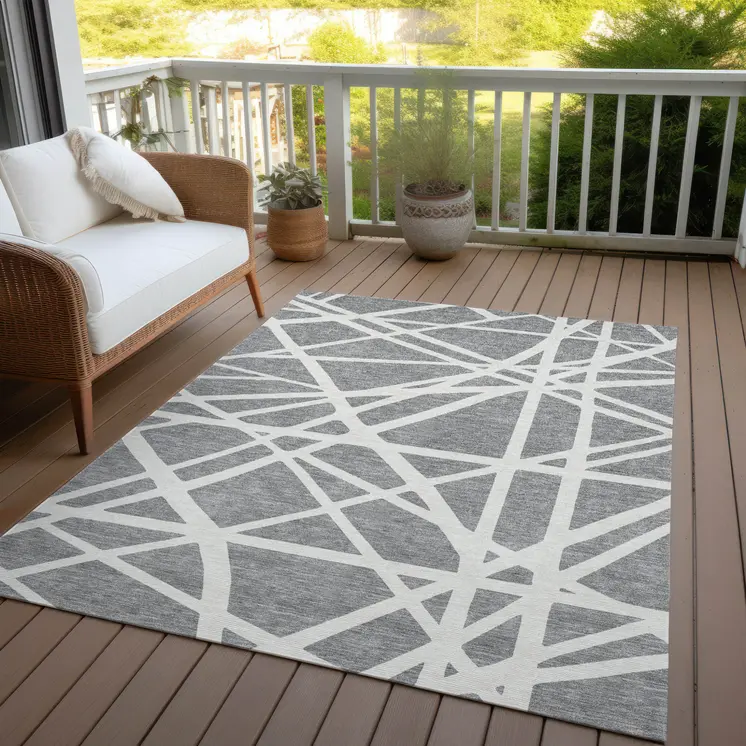 3' X 5' Gray And Ivory Geometric Washable Indoor Outdoor Area Rug
