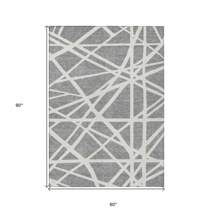 5' X 8' Gray And Ivory Geometric Washable Indoor Outdoor Area Rug