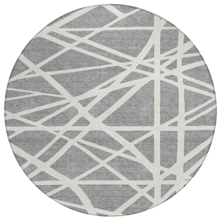 8' Gray And Ivory Round Geometric Washable Indoor Outdoor Area Rug