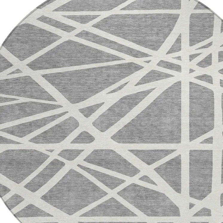 8' Gray And Ivory Round Geometric Washable Indoor Outdoor Area Rug