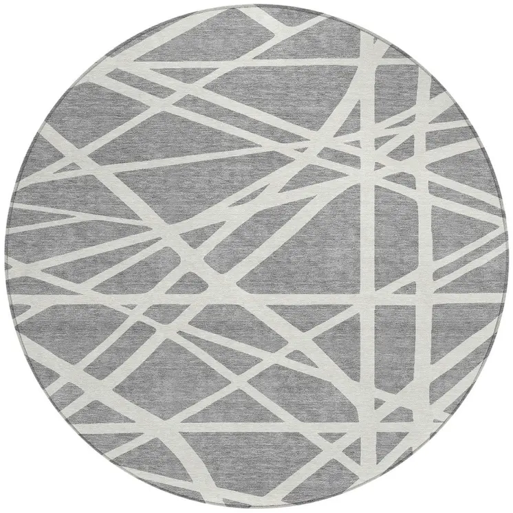 8' Gray And Ivory Round Geometric Washable Indoor Outdoor Area Rug