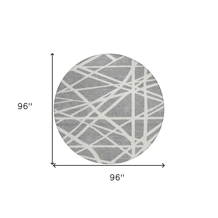 8' Gray And Ivory Round Geometric Washable Indoor Outdoor Area Rug
