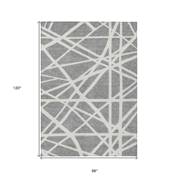 8' X 10' Gray And Ivory Geometric Washable Indoor Outdoor Area Rug