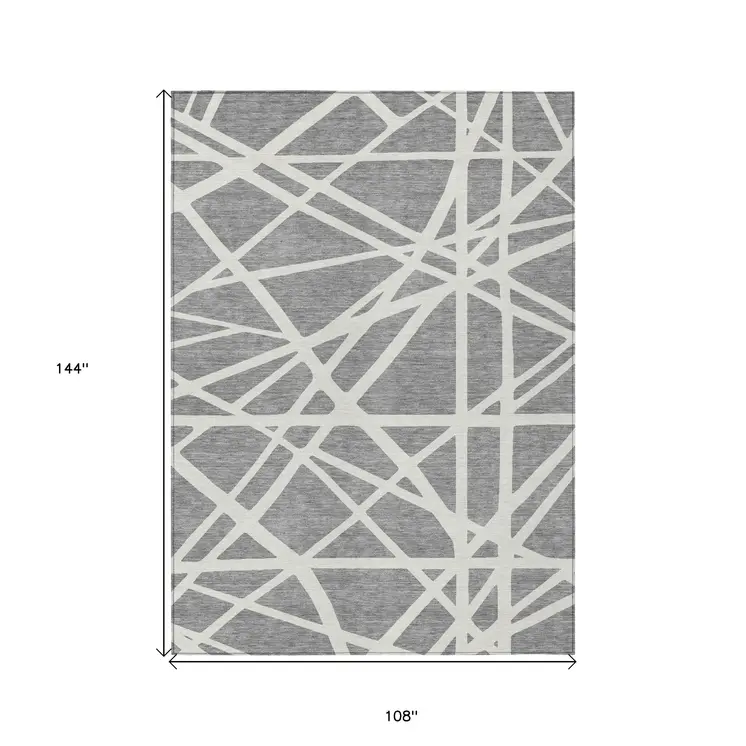 9' X 12' Gray And Ivory Geometric Washable Indoor Outdoor Area Rug