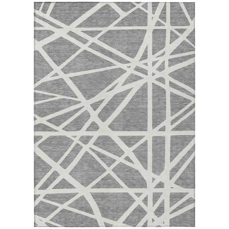 9' X 12' Gray And Ivory Geometric Washable Indoor Outdoor Area Rug