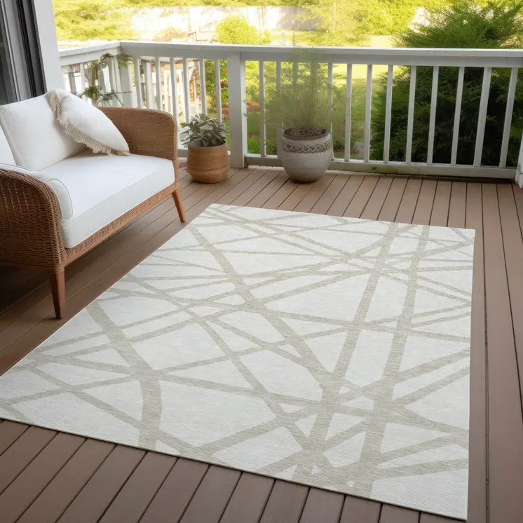 3' X 5' Ivory And Beige Geometric Washable Indoor Outdoor Area Rug